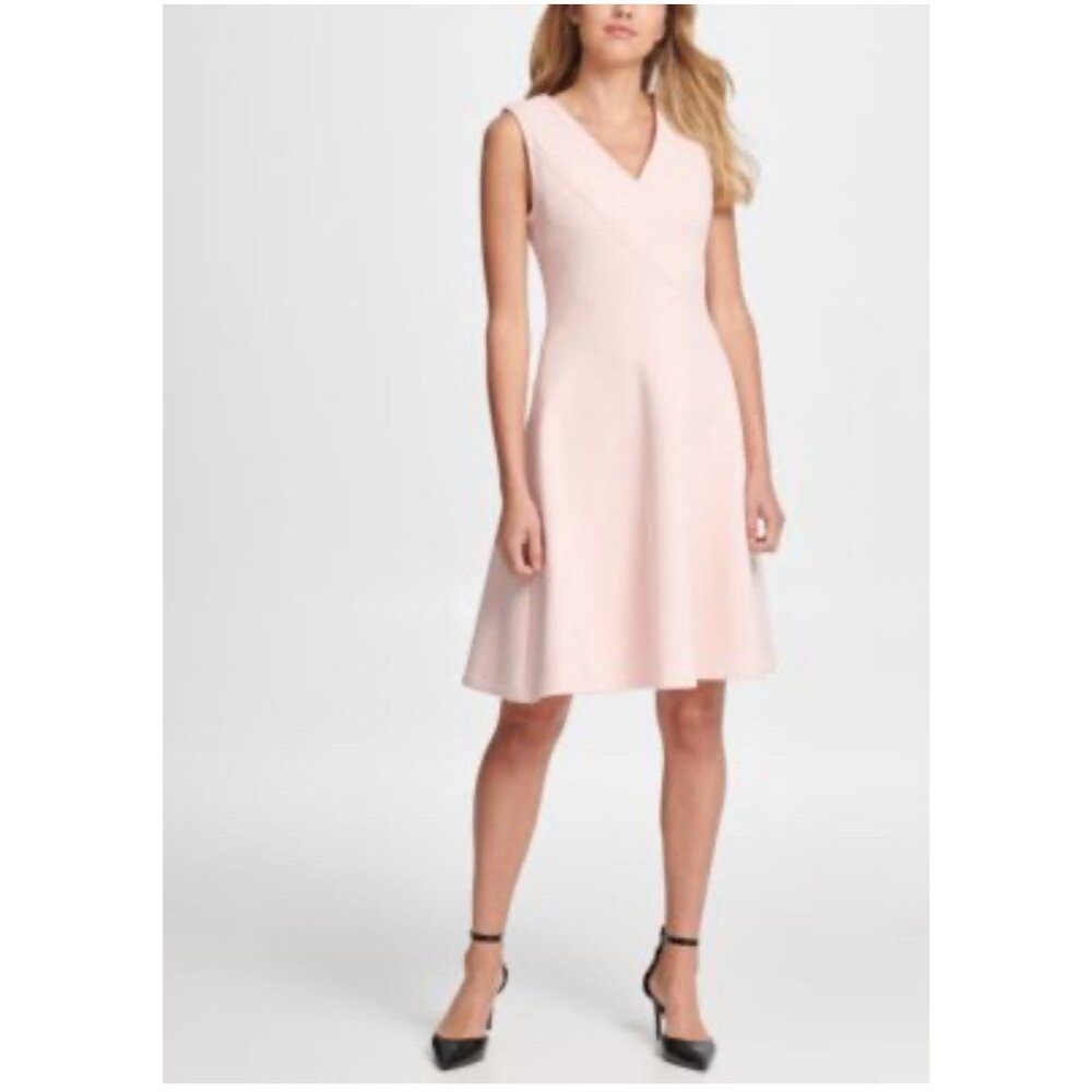 Calvin Klein Dress 8 Peach Pink Stretch Career Church Sleeveless V Neck Stretch